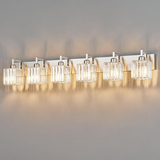 FDPBY Modern Bathroom Vanity Light 6-Lights Brushed Nickel Vanity Light Crystal Wall Light Bathroom Light Fixtures