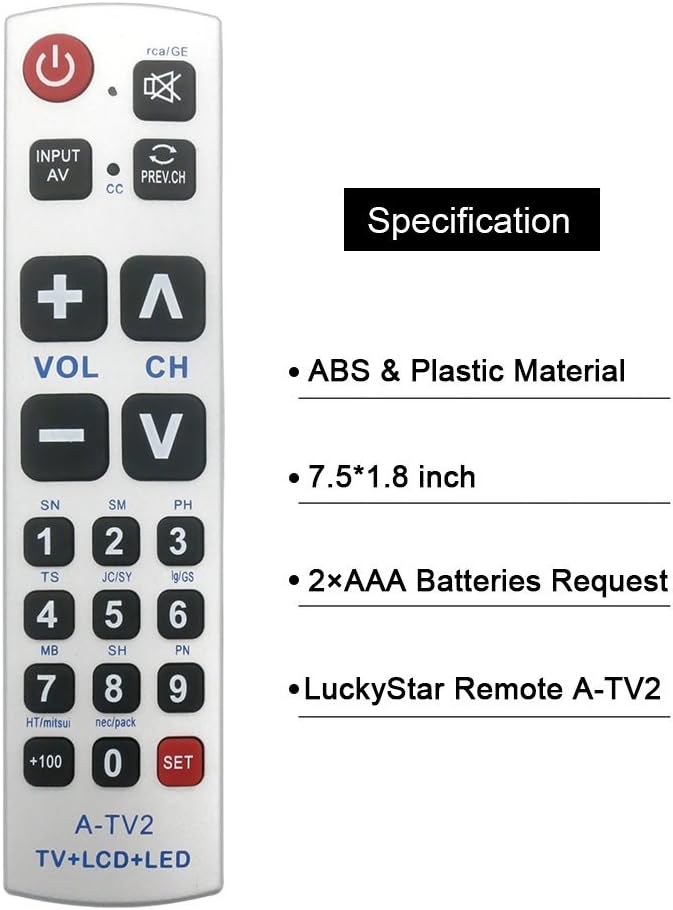 LuckyStar Big Button Universal Remote Control A-TV2, Initial Setting for Lg, Vizio, Sharp, Zenith, Panasonic, Philips, RCA - Put Battery to Work, No Program Needed