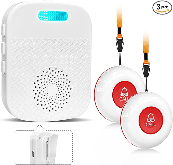 Daytech Caregiver Pager Call Bell for Elderly at Home Fall Detection for Seniors/Patient/Disabled 300+ Feet 1 Portable/Vibration Receiver & 2 Alert Call Button