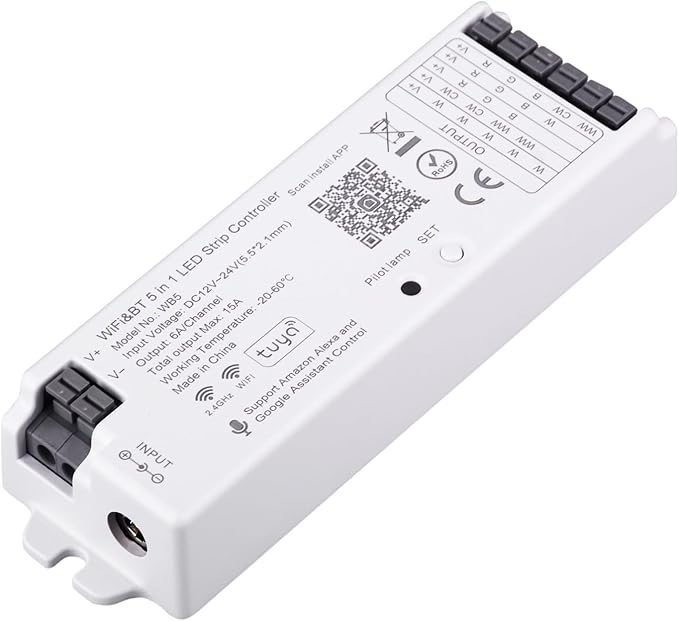 TUNICHX 5 in1 WB5 2.4GHz WiFi PWM LED Controller Compatible with Alexa/Google Home/Tuya Smart Life APP Control for Dimming CCT RGB RGBCCT RGBW LED Strip Match WR01RF WR02RF etc RF Remote