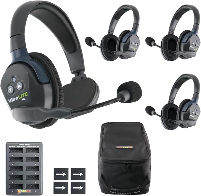 EARTEC UL413 Ultralite-HD 4-Person Full Duplex Wireless Intercom Headset Communication System, Single and Dual Ear Headsets, Up to 1000ft Range, U.S. Company