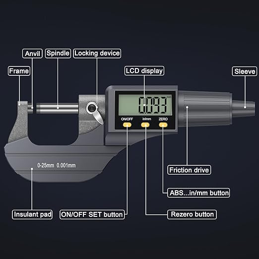 HDLKNAK Digital Outside Micrometer (0-1”/25mm), 0.00005"/0.001mm Precision, Inch/Metric Dual Reading, Machinist Thickness Gauge with Large LCD.