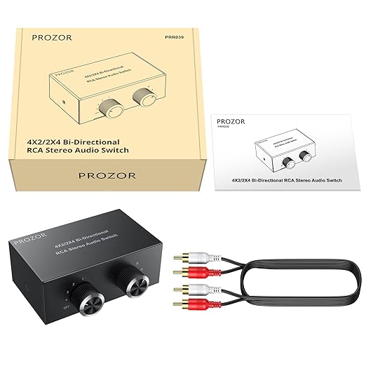 PROZOR 4-Way Stereo L/R Sound Channel Bi-Directional Audio Switcher, 2 in 4 Out or 4 in 2 Out Audio Switch Splitter with Off Button and No External Power Required for DVD Stereo Speaker CD Player