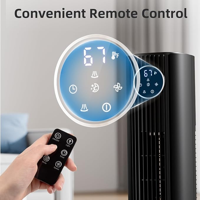 Antarctic Star Tower Fan Portable Floor Fans 85°Oscillating Fan Quiet Cooling 12H Timer Remote Control Standing Bladeless Electric 3 Wind Speeds 4 Modes Bedroom Office,36 inch, Black