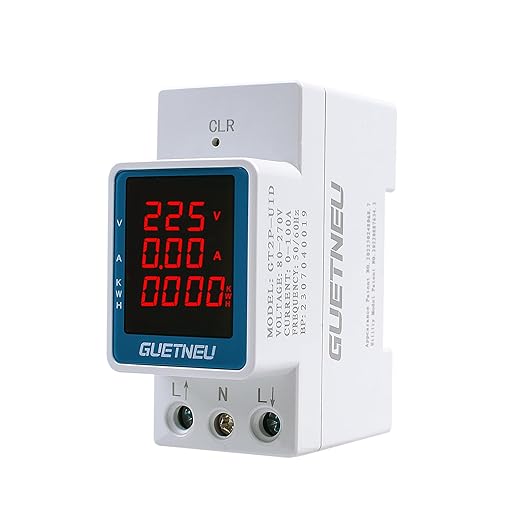 GUETNEU Digital Display Energy Meter Energy Tester Electricity Usage Monitor AC Rail-Mounted Meter GT2P-UID, AC 80~270V, 0~100A, 50/60Hz. Used to Measure AC Voltage, Current and Energy Consumption