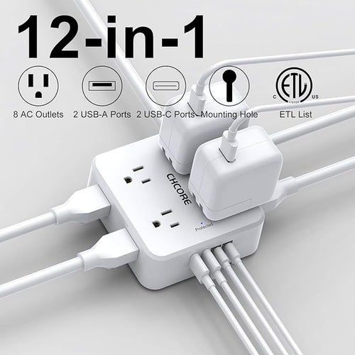 10Ft Surge Protector Power Strip - CHCORE Flat Plug Extension Cord with 8 Outlets and 4 USB Ports(2 USB C), 3 Side Wall Mount Outlet Extender for Home Dorm Room Essentials, ETL Listed, White
