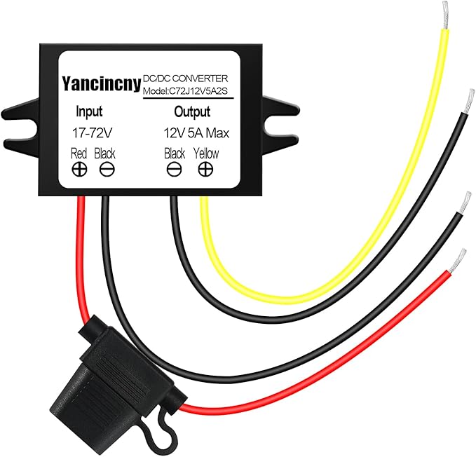 Yancincny DC 24V 36V 48V 60V 72V Step Down to 12V 5A 60W Converter Regulator Reducer Power Supply Module Buck Transformer, Waterproof DC 24V to 12V Converter with Fuse for Golf Cart