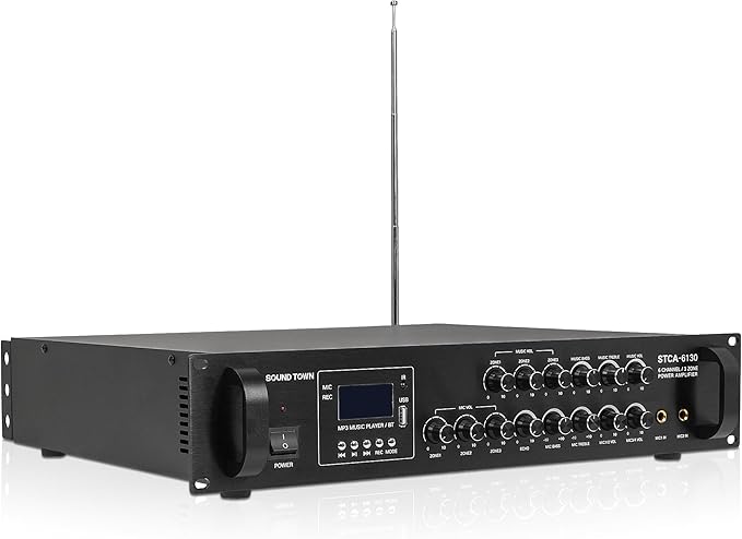Sound Town Commercial Sound System with a 3-Zone Low-Impedance Bluetooth Amplifier, 6 x 5 Coaxial Wall-Mount Speaker Set for Indoor Installation, Black (STCA6130X6CM5B)