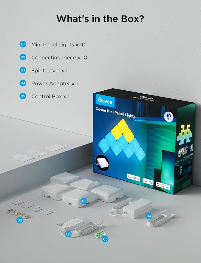 Govee Mini Panel Lights, RGBIC LED Wall Panels, Smart DIY Cube Wall Light, Compatible with Matter, Alexa, Google Assistant, Sync with Music, Hexagon Lights for Home Decor, Gaming Room, Bedroom, 10 Pcs