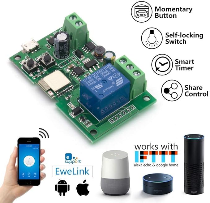 Newgoal wireless jog relay momentary/self-locking switch module DIY smart home remote control wifi relay switch Ewelink App compatible with Alexa Echo Google Home IFTTT (DC1)