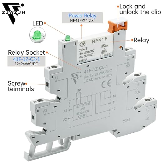 UL Listed 10Pcs Miniature Din Rail Relay 24V Black 24VDC ans 24VAC, 6Amp SPDT with LED Indicator, Socket Base, Jumper, Fixing Clip, Separator