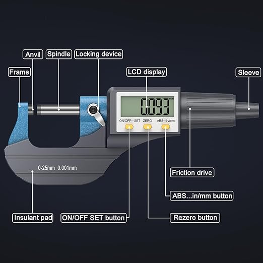 HDLKNAK Digital Micrometer, Outside Micrometer Precision Measuring Tool, 0-1"/0-25 mm, Inch/Metric 0.00005"/0.001 mm, Machinist Thickness Gauge Tool, Large LCD Display