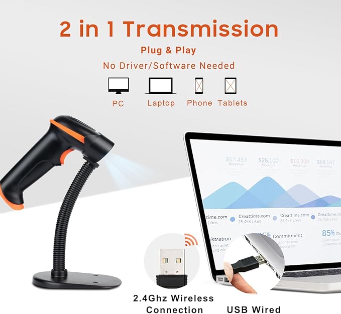 Tera Barcode Scanner Wireless 1D Laser Cordless Barcode Reader with Battery Level Indicator, Versatile 2 in 1 2.4Ghz Wireless and USB 2.0 Wired with Stand Model 5100-Z