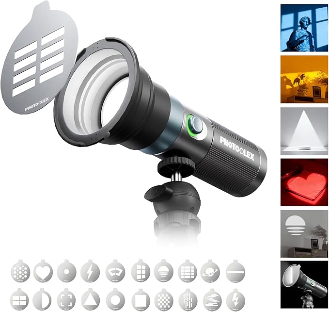 PHOTOOLEX 4 Colors Photography Flashlight with 20 Magnetic Pattern Gobos, 8400mAh Portable Spotlight, 10W LED Studio Light for Photo, Content Creation Accessories