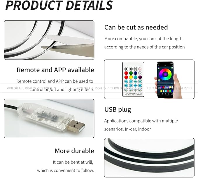 Ambient Lighting Car Led Lights Interior with APP, USB Powered Acrylic Neon Flexible Strip Fiber Optic LED Ambient Lighting kit,4 in 1 RGB Sound Active Music Lights Sync Car Decorations