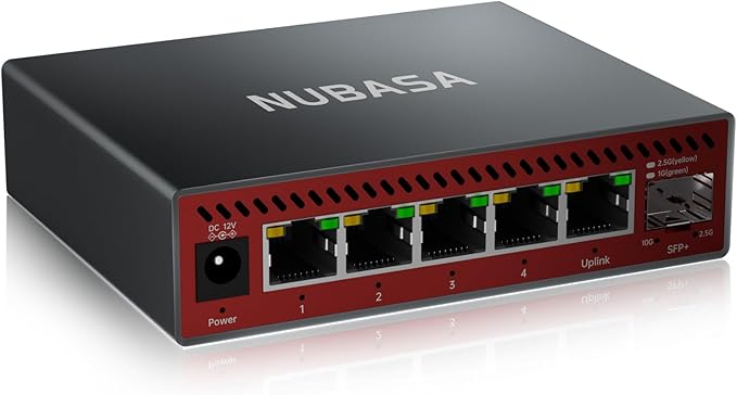 NUBASA 5-Port 2.5Gb Switch with 10Gb SFP+ Port, Unmanaged Multigig Ethernet Splitter for NAS, Gaming, PC - Plug & Play, Silent Aluminum Housing, 2.5 Gigabit Network Switch