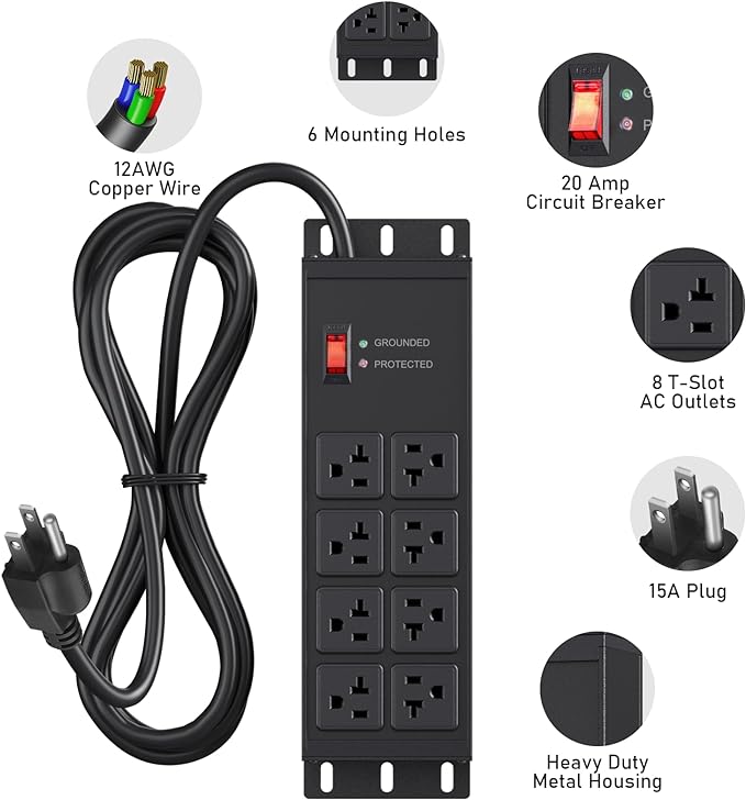 JUNNUJ Heavy Duty 20 Amp Surge Protector 4800J, Garage Metal 8 Outlets 12 Gauge, High Amp 5-15P Adapter Shop 6-20R T-Slot Industrial Outlet, 10 FT Extension Cord Commercial for Appliance
