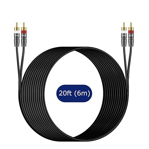 J&D RCA Cable, 2 RCA Male to Male Stereo Audio Cable, Gold-Plated Copper Shell, Heavy Duty, Compatible with Speaker, Amplifier, Subwoofer, 20 Feet