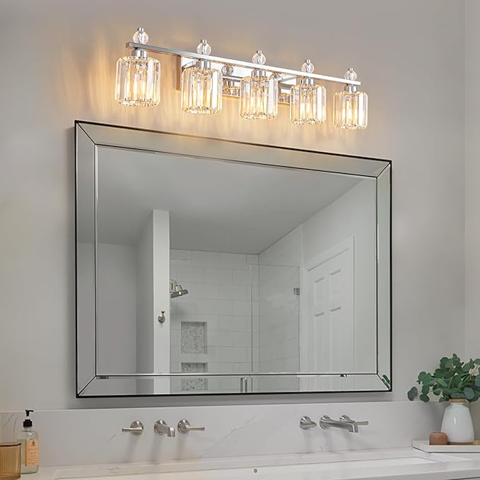 FDPBY Bathroom Vanity Lights 5-Light Chrome Modern Crystal Vanity Light Fixtures Over Mirror Crystal Bathroom Vanity Lighting Fixtures