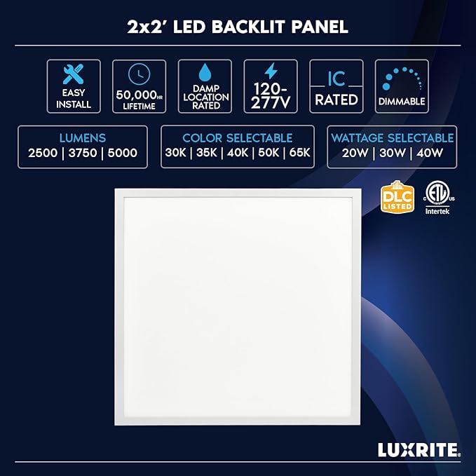 LUXRITE 2x2 FT LED Flat Panel Light, 5CCT Color Selectable 3000K 3500K 4000K 5000K 6500K, Wattage Selectable 20W/30W/40W, 5000 Lumens, LED Drop Ceiling Lights, 0-10V Dimmable, DLC & ETL (4 Pack)