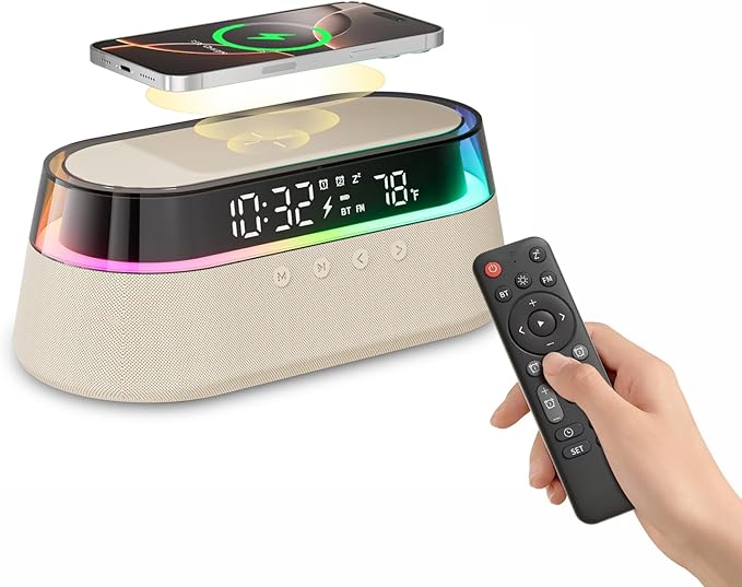 KUANGXIANG 6-in-1 Bluetooth Speaker Alarm Clock with Remote, 15W Fast Wireless Charger, FM Radio & Dimmable LED Night Light, Dual Digital Clock for Bedroom Home Office, Ideal for Him, Men Women