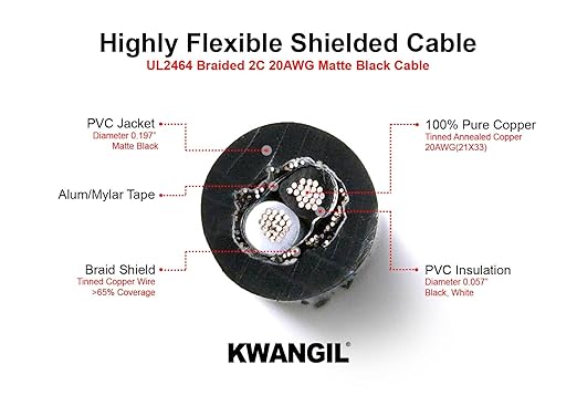 KWANGIL 2C 20AWG AMSB Shielded Cable Wire (UL2464) - Highly Flexible Str TC, PVC Ins, OS+TC BRD, PVC JKT for CNC Machine, Stepper Motor, VFD Spindle (Matte Black 100FT)