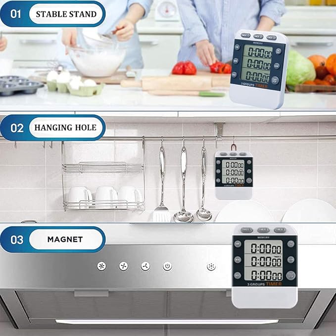 MOSTRUST Digital Dual Kitchen Timer for Cooking, 3 Channels Count Down/up Triple Multi Timers for Food, Magnetic Memory-Preset Large-Display Adjustable Alarm Volume, 3A Battery Included