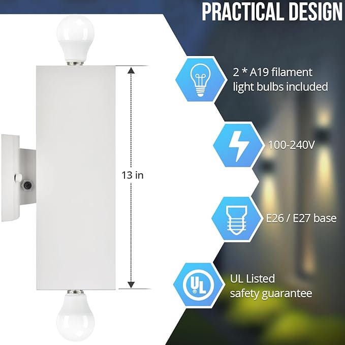 wowlite Modern Porch Lights Outdoor Wall Sconce, White Dust to Dawn Outdoor Lights, 13" Waterproof Square Exterior Lighting Fixtures, Aluminum Up and Down Light for House Garage Front Door, ETL Listed