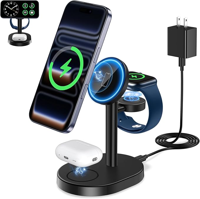 Hevanto 2026 3 in 1 Wireless Charging Station for Apple MagSafe Charger, 15W Fast Magnetic Mag-Safe Charger Stand for iPhone 17 16 15 14 13 12 Apple Watch AirPods Series, Gifts for Men