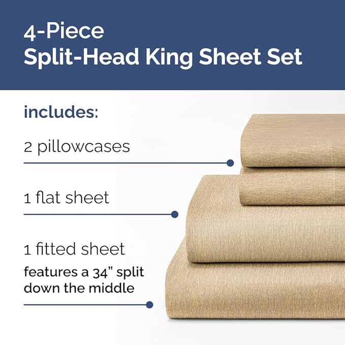 Split Head King Sheet Set – 4 Piece Flex Split Top King Sheets for Adjustable Beds - Fits 14” to 16" Mattress w/ Deep Pockets - Breathable & Cooling - Luxury Bedding and Wrinkle Free - Heathered Tan