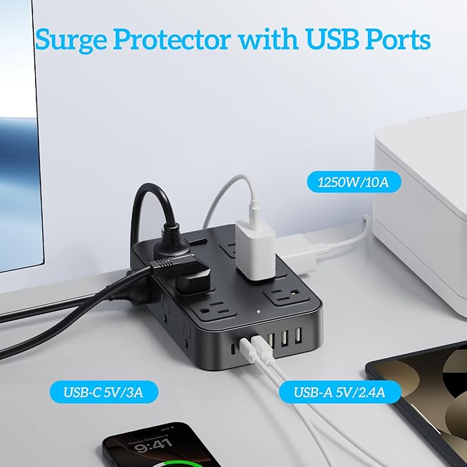 Solidock Flat Plug Power Strip Surge Protector 5 Ft Extension Cord with 12 AC Outlets 6 USB Ports 3 Side Multi Plug Outlet Extender Home Office Kitchen Dorm Room Wall Desk Charging Station ETL Listed