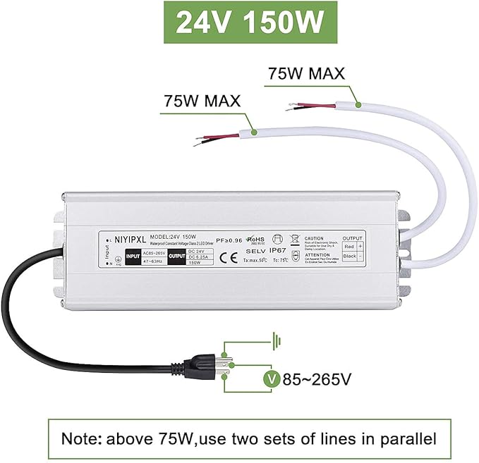 LED Driver 150 Watts 24V DC Low Voltage Transformer， Waterproof IP67 LED Power Supply, Adapter with 3-Prong Plug 3.3 Feet Cable for Any 24V DC led Lights, Computer Project, Outdoor Light