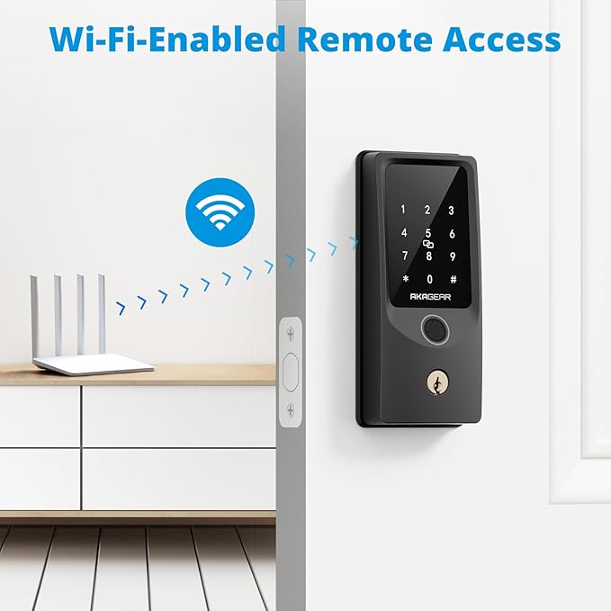 AkaGear T02 Fingerprint Keyless Entry Door Lock - Built in WiFi, Smart Lock for Front Door, App Remote Control, Auto Lock, Keys, Fob Card, PIN Code Unlock, Touch Keypad Deadbolt with Batteries, Black