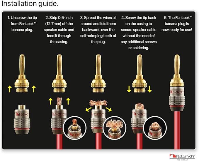 Nakamichi FanLock Excel Series 24k Gold Plated Banana Plugs 10 AWG - 18 AWG Gauge Size 4mm for Speakers Amplifier Hi-Fi Stereo Home Theatre Radio Audio Wire Cable Quick Connector, 12 Pcs (6-Pairs)