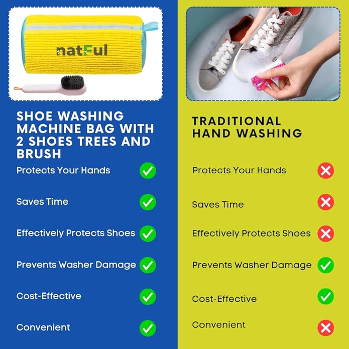 2-Pack Shoe Washing Machine Bag – Reusable Shoe Washing Bag with Brush & Shoe Trees, 360° Deep Cleaning Durable Sneaker Washing Machine Bag, Fits All Shoe Types & Sizes (Yellow, 15.35" × 7.87")