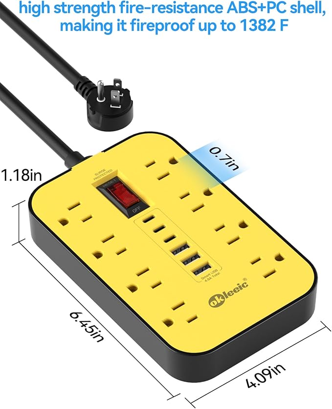 Power Strip with USB, Surge Protector Flat Plug with 8 Widely Spaced Outlets and 6 USB Ports, 14 Gauge Heavy Duty Extension Cord 6 FT, High Wattage for Workbench, Workshop, Kitchen, Garage Must Have