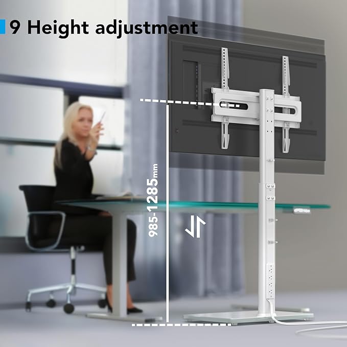 AX WABER Floor TV Stand with Power Outlet, Universal TV Stand Mount for 27-65 inch TV up to 88lbs, 70 Degree Swivel 9 Level Height Adjustable with Tempered Glass Base for Bedroom, Office White