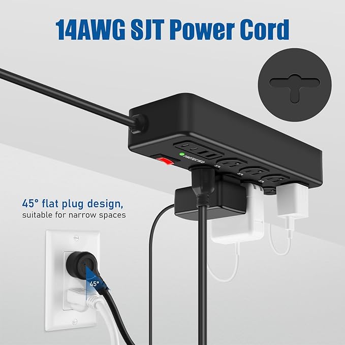 Heavy Duty Power Strip with USB,8 Outlet Workshop Metal Power Strip,PD20W USB C 15A 1200 Joules Surge Protection,Wide Spaced,15FT Cord