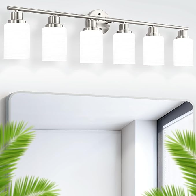 Guliaofo 6-Light Brushed Nickel Vanity Lights for Mirror, Bathroom Light Fixtures with Textured Milky White Glass Shade, Modern Kitchen Light Fixtures Wall Sconce Light - E26 Base