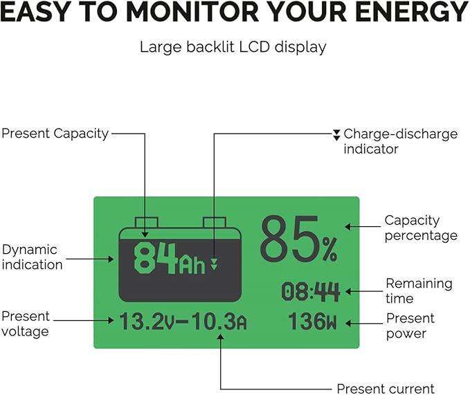 Renogy 500A Battery Monitor with Shunt, High and Low Voltage Programmable Alarm, Range 10V-120V up to 500A, 20ft Shielded Cable, Compatible 12V Lithium Sealed, Gel, Flooded Batteries,Black