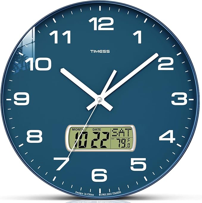 TIMESS Wall Clock, 13" Dial Non-Ticking Silent Battery Operated Analog with LCD Display for Perpetual Calendar and F° Temperature, Ideal Modern Home, Office Decor (Blue)