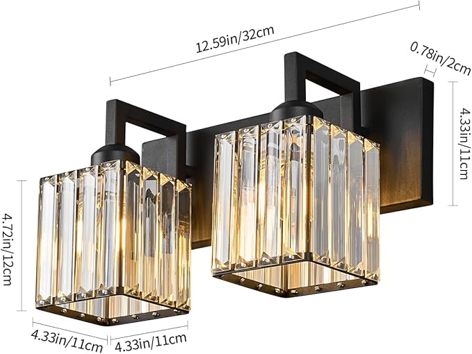 FDPBY Modern Bathroom Vanity Light 2-Lights Black Crystal Bathroom Wall Light Vanity Light Fixtures
