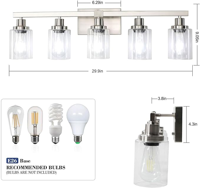 DIKAIDA Bathroom Vanity Light, 5-Light Nickel Modern Matte Wall Sconce Lighting with Clear Glass Shade, Wall Lights,Bath Vintage Wall Mounted Lamps for Mirror Bedroom Living Room
