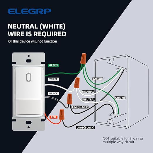 ELEGRP Matte White Single Pole Occupancy Motion Sensor Light Switch, Need Neutral Wire, 120° Sensor Coverage PIR Infrared Motion Activated, for CFL/LED/MLV/INC/HAL/Fan, UL, 6 Pack