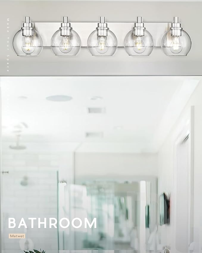 METWET Bathroom Light Fixtures, 5 Light Brushed Nickel Vanity Light, 32 Inch Modern Wall Sconces with Globe Clear Glass Shade, Vanity Lighting Fixtures Over Mirror, VL195-BN-CL-5
