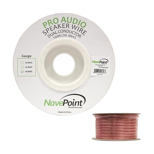 NavePoint 100ft in Wall Audio Speaker Cable Wire CL2 16/2 AWG Gauge 2 Conductor Bulk Clear