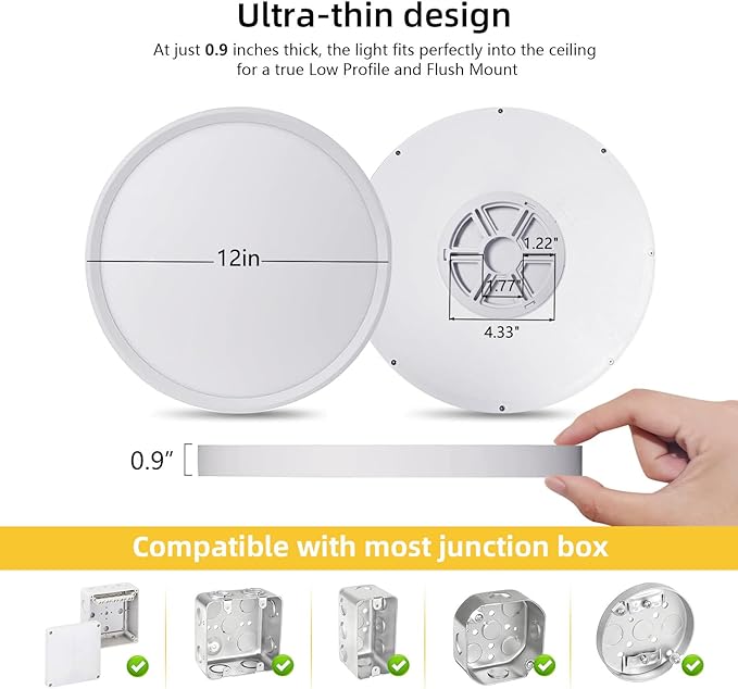 RLEDPZTX 4PK 12 Inch LED Flush Mount Ceiling Light, 24W, 2520LM,3000K/4000K/6000K CCT Selectable, Round Flat Panel Low Profile Ceiling Light Fitures for Hallway, Kitchen, Bedroom, Laundry Room,White