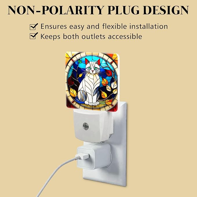 PODMemory Cat Stained Glass Night Lights Plug into Wall for Room, Cat Night Light LED for Bedroom