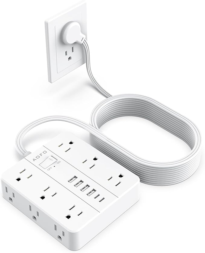 AOFO 25FT Surge Protector Power Strip,12 AC Outlets with 6 USB Ports (2 USB-C), Flat Plug Extension Cord with Multiple Outlets, Wall Mount for Home Office,Dorm, White