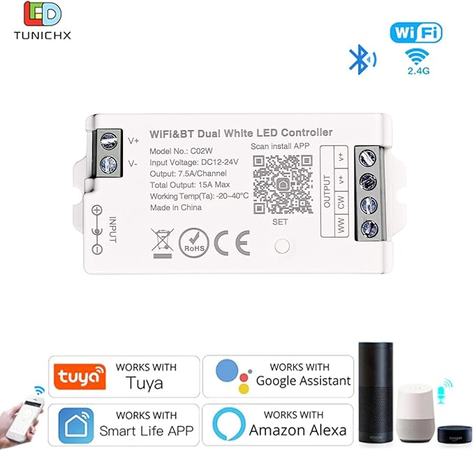 TUNICHX LED CCT Strip Color Temperature LED Strip Dual White 2700K-6500K 2.4 GHz WiFi Group Controller Alexa Google Home Compatible with WR02RF LM007 B2 FUT007 Mi-Boxer/Mi-Light CCT Remote
